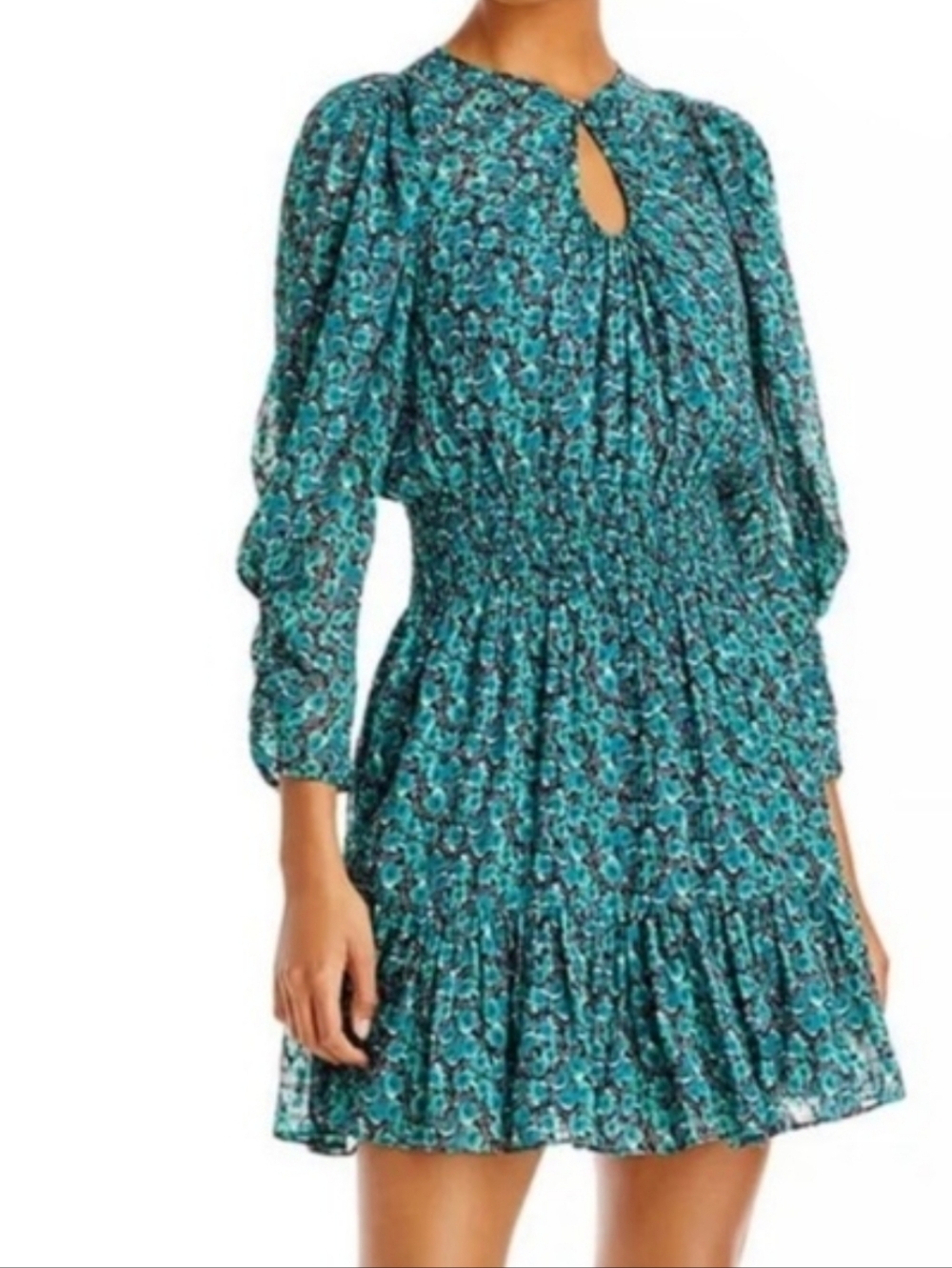 REBECCA TAYLOR GREEN CLIMING ROSE LONG SHEER SLEEVES SILK FLARE DRESS SIZE 2